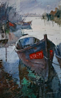 Danube boats VII by Eugen Chisnicean Watercolor ~ 48cm x 30cm: 