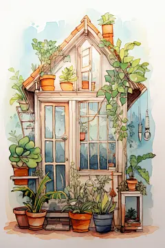 花园房子美术绿植植物房屋水彩画铅笔插画