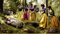 People 3000x1707 digital art fantasy art photo manipulation dwarfs Snow White alternate reality nature coffins glass dead trees forest fairy tale lantern sad mushroom ferns plants crying