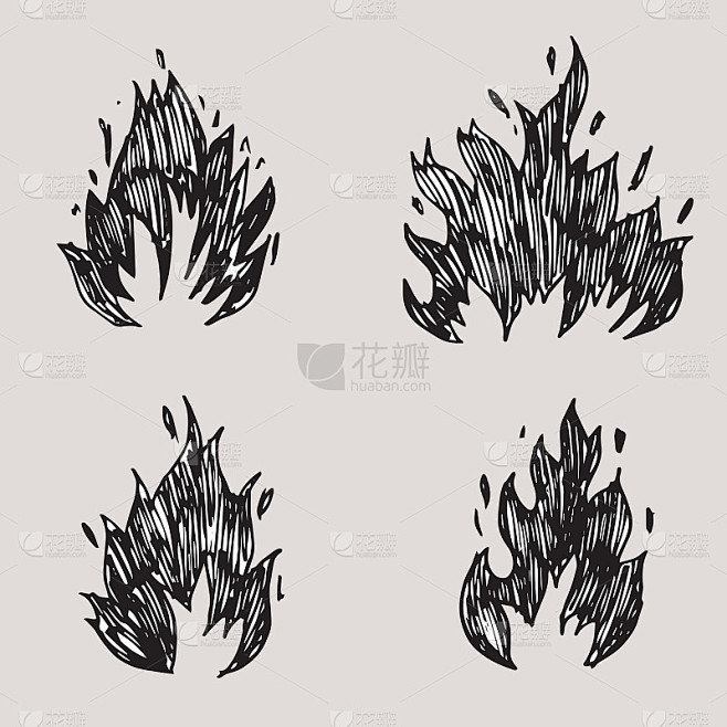 手绘火和火球。涂鸦素描火。矢量插图。
