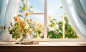 open window in the day time with white curtains, wooden wall and, in the style of motion blur panorama, tranquil gardenscapes, 32k uhd, light amber and sky-blue, lively tableaus, studyplace, misty atmosphere