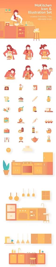 厨房+美食+人物ui图标插画素材 - 25学堂 : MoKitchen是一套图标和插图素材套件，素材包含了3个厨房场景插图，6个女性人物插图，24个美食相关的插图（如：烤箱···
