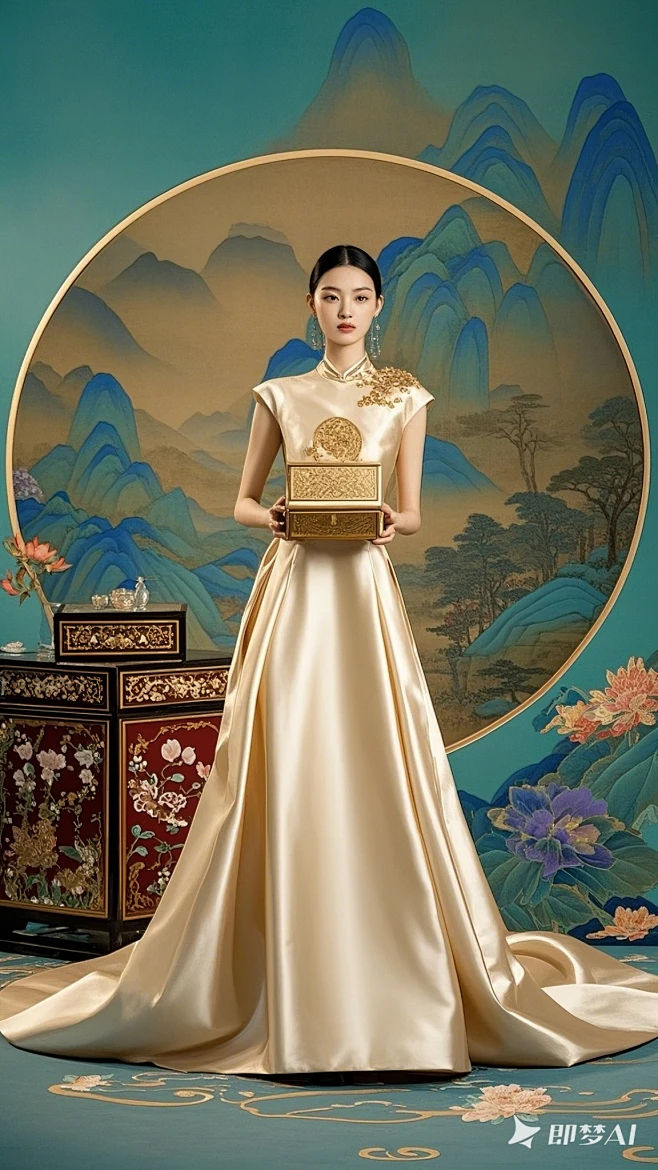 缎面香槟色礼服模特手捧烫金礼盒，新中式园林月洞门场景，传统漆器纹样，工笔重彩风格，霓裳羽衣质感，工笔画晕染技法，青绿山水背景，非遗文化元素 ...