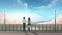 浪漫唯美情侣旅游场景插画