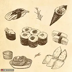 寿司面条三文鱼米饭食品插画 食品插画 风味小吃
