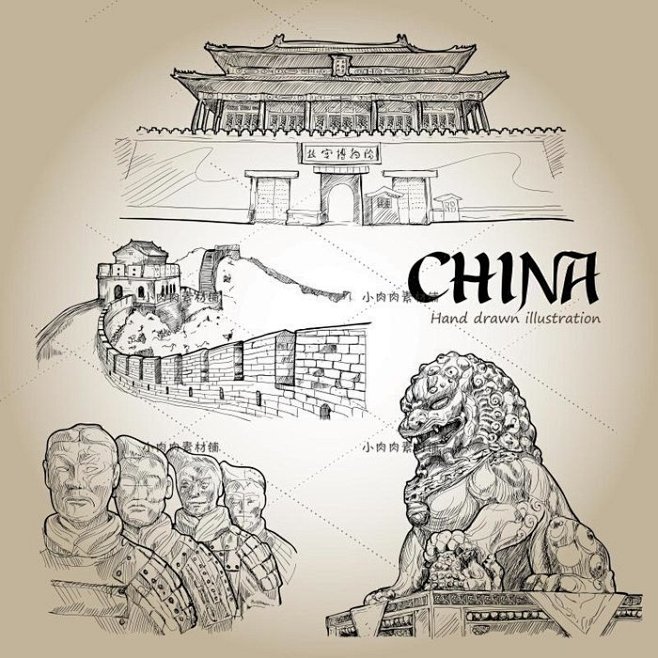 矢量复古手绘线稿中国传统建筑长城故宫天坛...