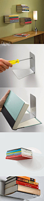 创意铺子：隐形书架（Conceal book shelf）由一块呈直角的钢板与安装螺丝组成，是来自家居品牌Umbra的一个创新设计。你可以从图片上看到，除了钢板底部有两个小钩钩会紧紧钩住放上去的第一本书籍封底以外 ，其余放在上面的书本都可以轻松自如的取放，设计如此简单，却创建出书本仿佛正悬浮在墙上的神奇效果。