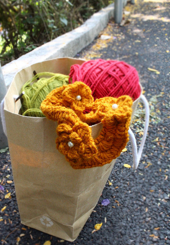 原创手工作品多图手工钩针毛线发圈橘黄色珍珠钩花发饰手工客手工创意