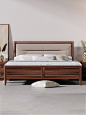 实木床现代简约黑胡桃木卧室双人床小户型复古真皮软靠新中式床-淘宝网