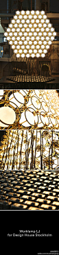【装置设计】Work Lamp LJ by Form Us With Love —— 大灯使用到24克拉黄金镀金，组装了91盏灯泡，使用了多达1100条扎带。大灯拥有一个特殊的控制盘，观众可以用它创建各种图形以获得互动。设计师借以此灯传达出“斯德哥尔摩设计屋”开放的理念。via：http://www.formuswithlove.se