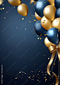 Party invitation card background with blue and golden balloons, free copy space for text