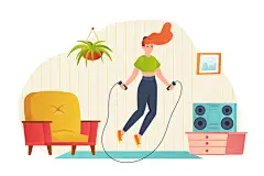 图源免费EPS文件 |在家进行体育训练的扁平概念人物场景。女人在房间里跳绳并进行有氧运动。年轻女孩做有氧运动和体育锻炼。用于网页横幅设计的矢量插图