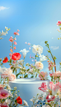 A podium surrounded colorful flowers, Jasmine, freesia, roses，with a clear blue sky in the background. The scene is bathed in soft pastel colors, creating an atmosphere of tranquility and elegance. This design can be used for promotional materials or as w