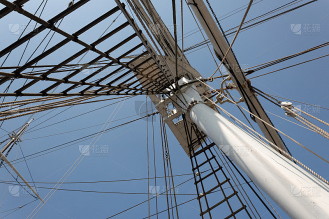 View up the mast of a tall sailing ship with shrou
