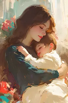 母子拥抱母亲节油画风插画