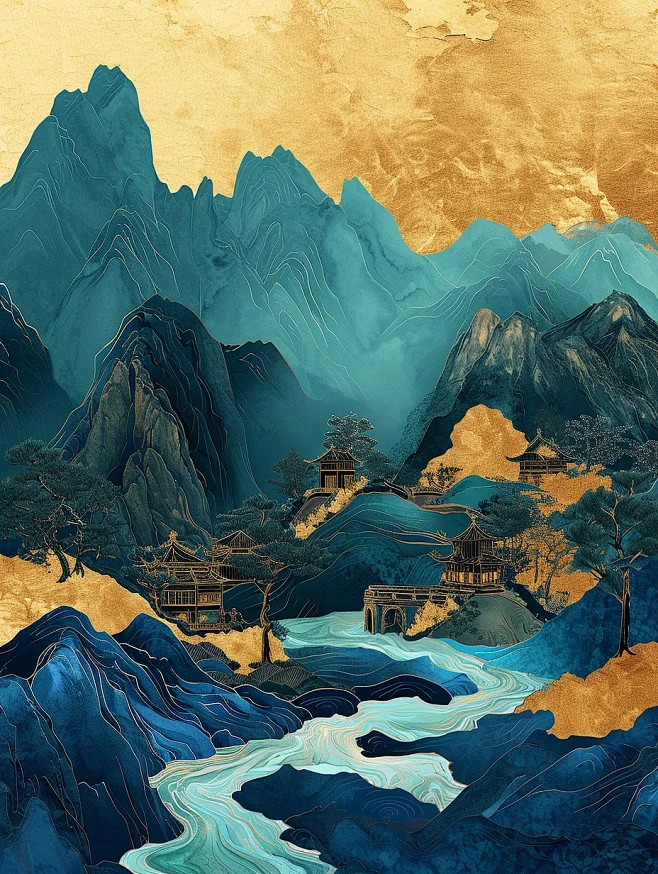 鎏金山水画海报-花瓣网