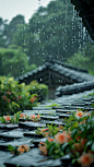 春天下雨的屋檐素材图