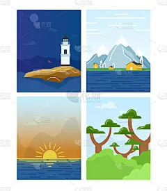 一套平面风格的景观设计，矢量风景明信片，海报。