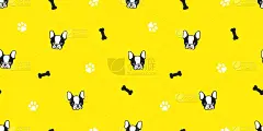 狗无缝图案法国斗牛犬哈巴狗骨爪矢量背景重复壁纸孤立黄色