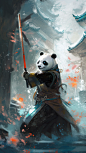 Snow, petals flying in the air, a panda fighting with asword, he defends himself with a sword, in the center of the temple, panorama, movie light, a panda in Hanfu, panda sword fighting martial arts style, Chinese fairy taleoackground is colorful points o