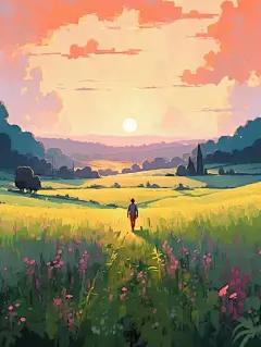 手绘草原美景风景画Midjourney咒语-Ai宇宙吧-
