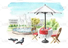 城市公园喷泉附近的夏日街头咖啡馆。水彩手绘插图，孤立的白色背景
