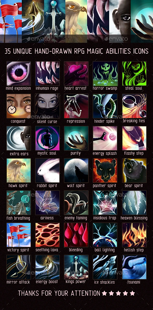 35魔法技能图标-杂项游戏资产35 Magic Abilities Icons - Miscellaneous Game Assets能力 ...