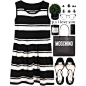 A fashion look from January 2015 featuring striped sleeveless dress, strappy shoes and moschino bag. Browse and shop related looks.
