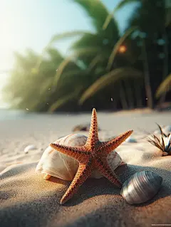热带海滩度假贝壳和海星壁纸