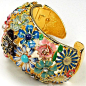 Kenneth Lane Gold Pearls Turquoise and Enamel Multicolour Summer Flowers Bangle Bracelet