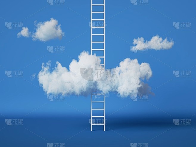 3d渲染，抽象概念，梯子和白云孤立的蓝色...