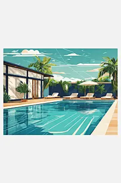 扁平风夏季游泳池插画AI数字艺术