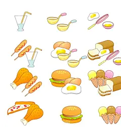卡通手绘可爱食物  - 源文件下载【酷图网】卡通手绘,可爱食物,冷饮,汤勺,烤肠,热狗,三明治,鸡腿,汉堡,冰淇淋,披萨,手绘