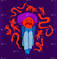 爬虫恐惧症以蛇和蜥蜴为恐惧载体的插画，男孩在想象中被爬行动物包围，陷入恐慌和恐惧，心理健康概念。