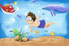 海底世界  - 源文件下载【酷图网】海底世界,漫画,海豚,游玩,开心,潜水,孩子,鱼儿,