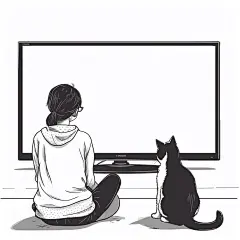 人物猫咪看电视插画素材