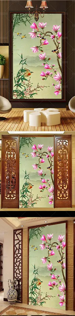 原创高清玉兰花鸟玄关背景墙装饰画