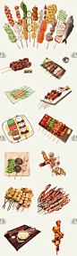 烧烤撸串串香手绘复古水彩图案美食店铺餐厅菜单设计png免抠素材