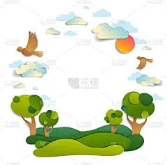 风景风景的草地和树木，多云的天空与鸟和太阳，框架背景与复制空间，矢量插图剪纸。暑假在农村，旅游旅游。