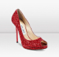 Jimmy Choo | Quiet | Red Coarse Glitter Peep Toe Pumps | JIMMYCHOO.COM