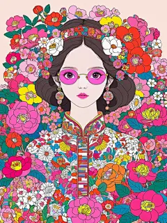 矢量插图、极繁主义、迷幻风格、潮流、女孩，山茶花、装饰风格，漂亮，中国传统文化 (6)