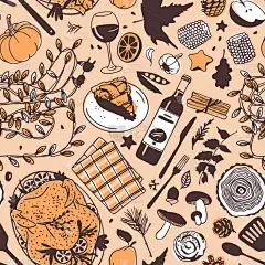 手工画的秋假插图. 创意油墨的艺术作品。 实际矢量绘图。 感恩节食品、饮料、物品的无缝图案