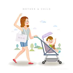 妈妈推着婴儿车孩子插画