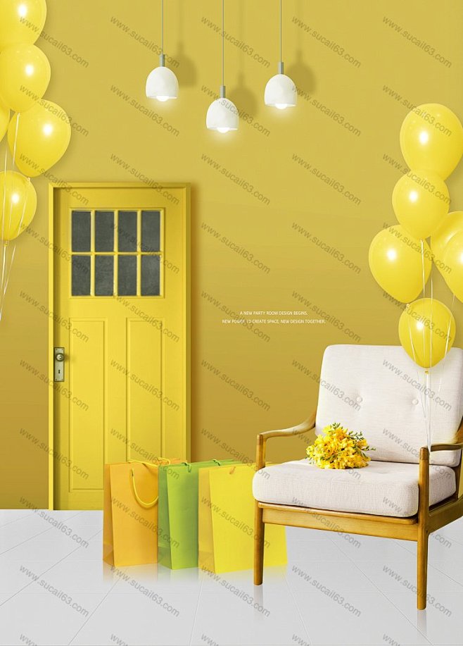 黄色空间装饰木门气球礼袋家居海报图片海报...