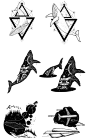欧美ins风黑白手绘线稿插画鲸鱼纹身涂鸦花臂图案矢量AI设计素材
