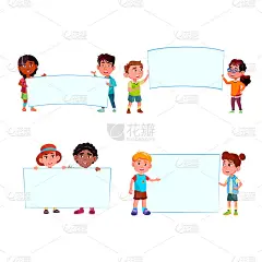 孩子男孩和女孩与空白横幅设置向量