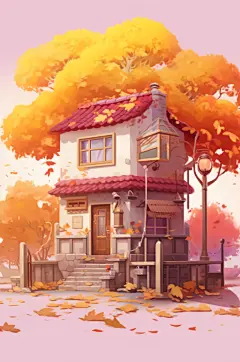 AI数字艺术小卖部落叶手绘建筑秋季插画