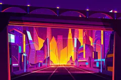 矢量蒸汽波城市地标渐变夜景风景插画手绘赛博朋克图案AI设计素材