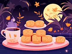 中秋满月糕点月饼茶插画卡通唯美手绘可爱古风插画壁纸