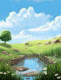 a photo of a beautiful grass land scene, in the style of hyper-realistic water, flower and nature motifs, rough edges, vibrant stage backdrops, ferrania p30, simplistic cartoon, pastoral charm